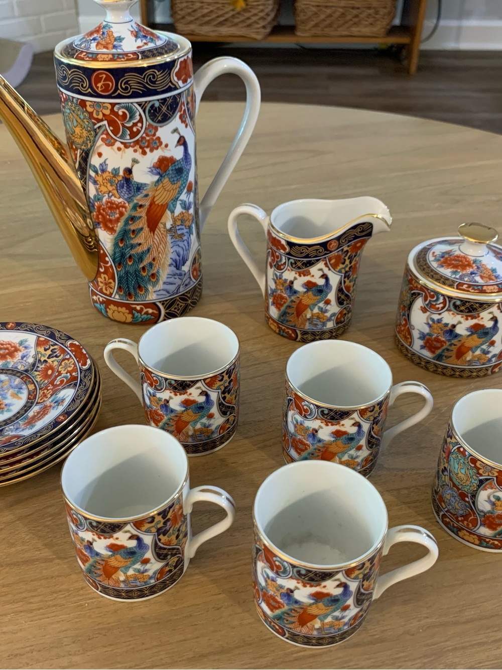 Vintage Arita Imari Peacock Demitasse Tea Set, Japanese Porcelain